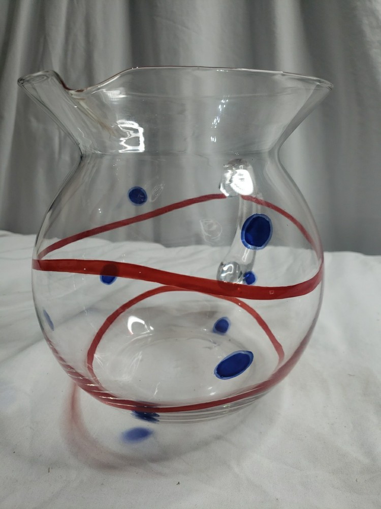 Handblown Art Glass Pitcher Red/Cobalt