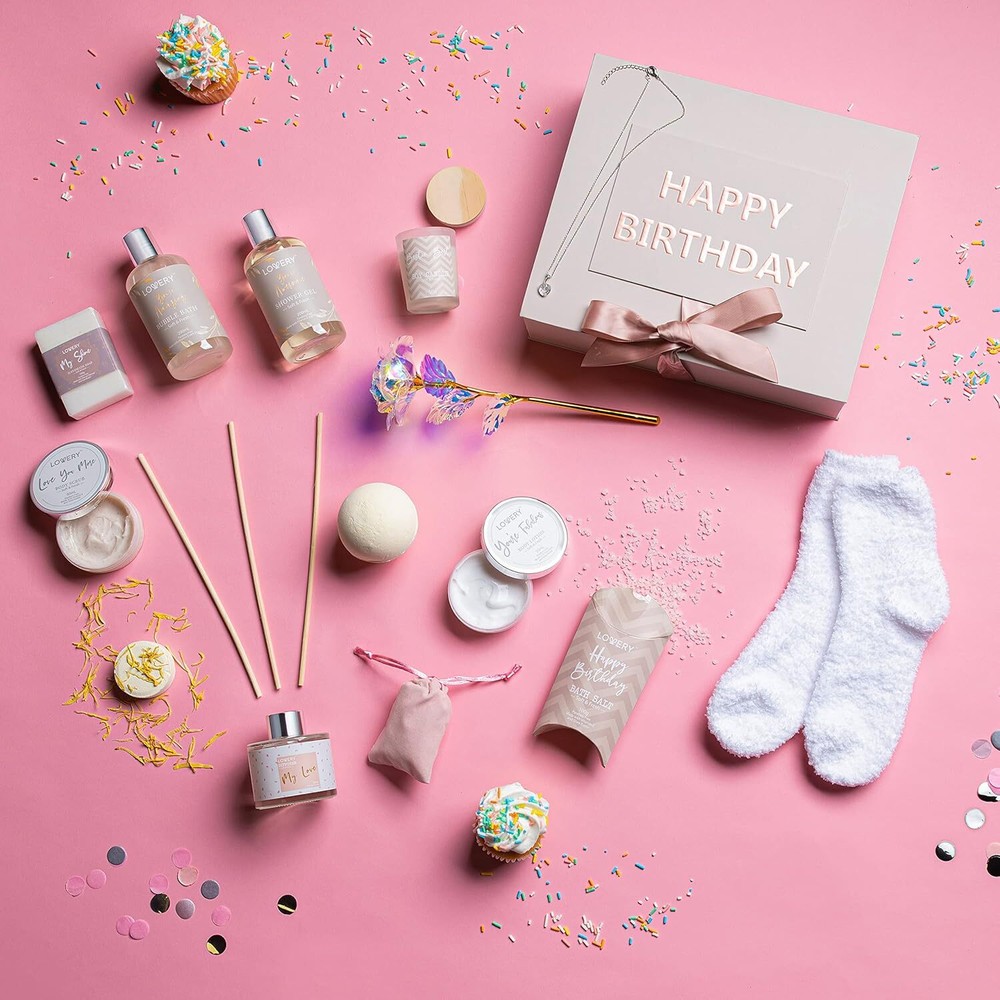 Luxury Birthday Spa Gift Box with Rich Bath Essentials, Diffuser 24k Flower Rose