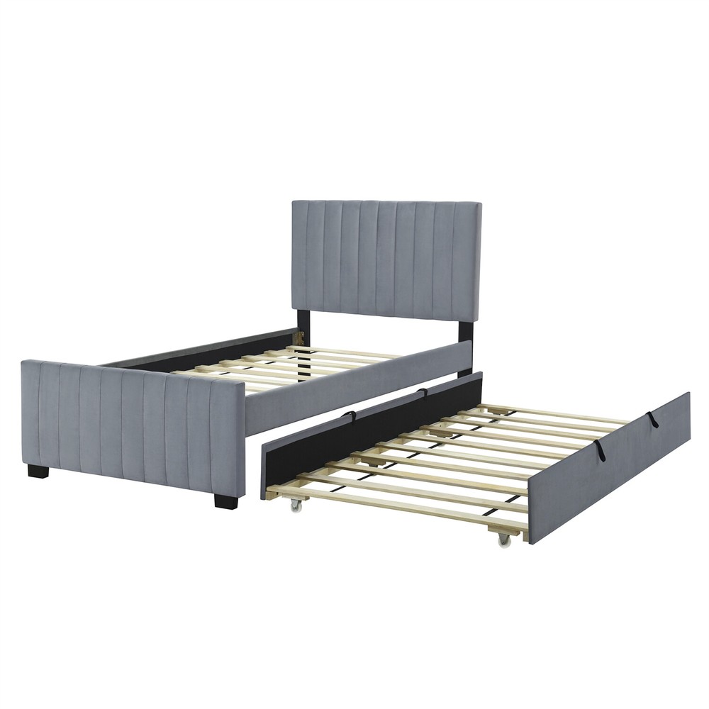 Twin Size Bed Frame Velvet Upholstered Platform Bed w/ Pull Out Trundle Gray
