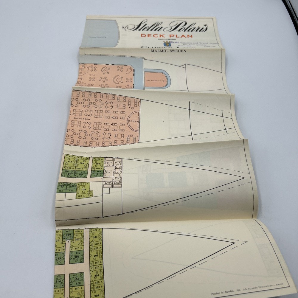 1950s Clipper Line STELLA POLARIS Fold-Out Color-Coded Deck Plan - Excellent