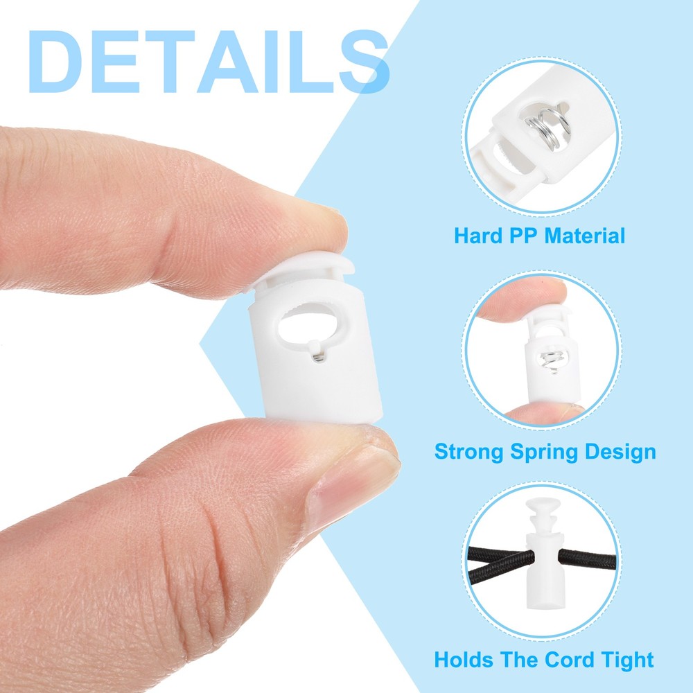 50pcs Plastic Cord Lock, Single Hole Spring Toggle Stopper Cord Fastener, White