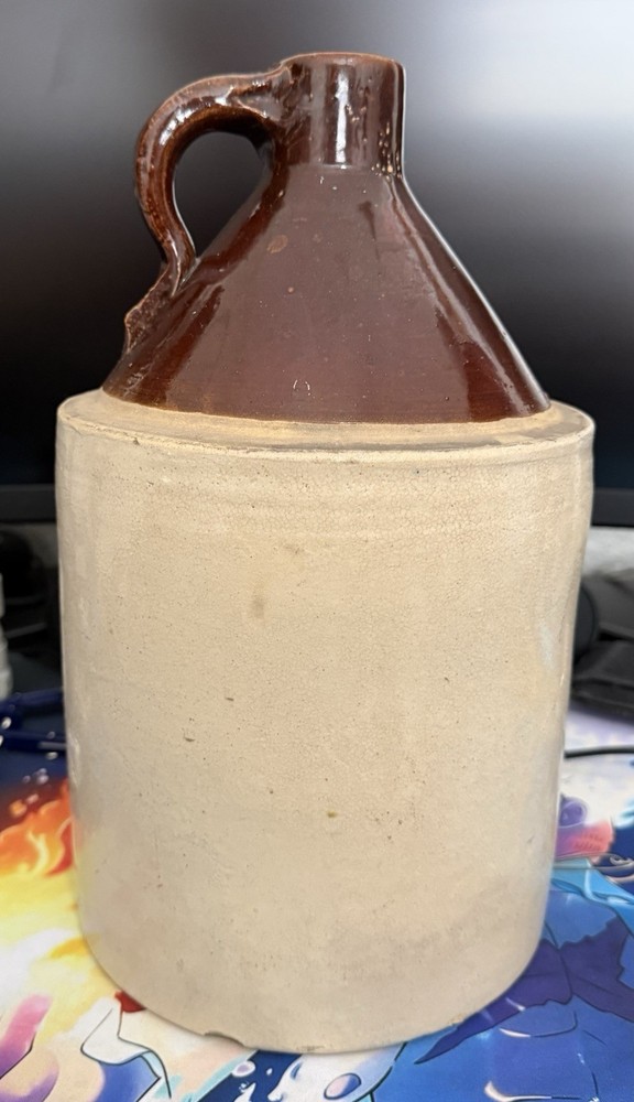 Brown Beige Glazed Stoneware Moonshine Jug with Handle Solid Round Pattern