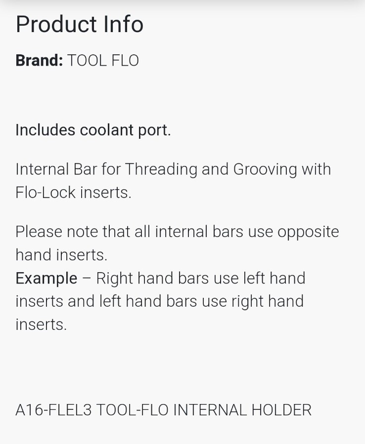 TOOL FLO Notch Holder Grooving Tool Bar A16-FLEL3/ 2406371