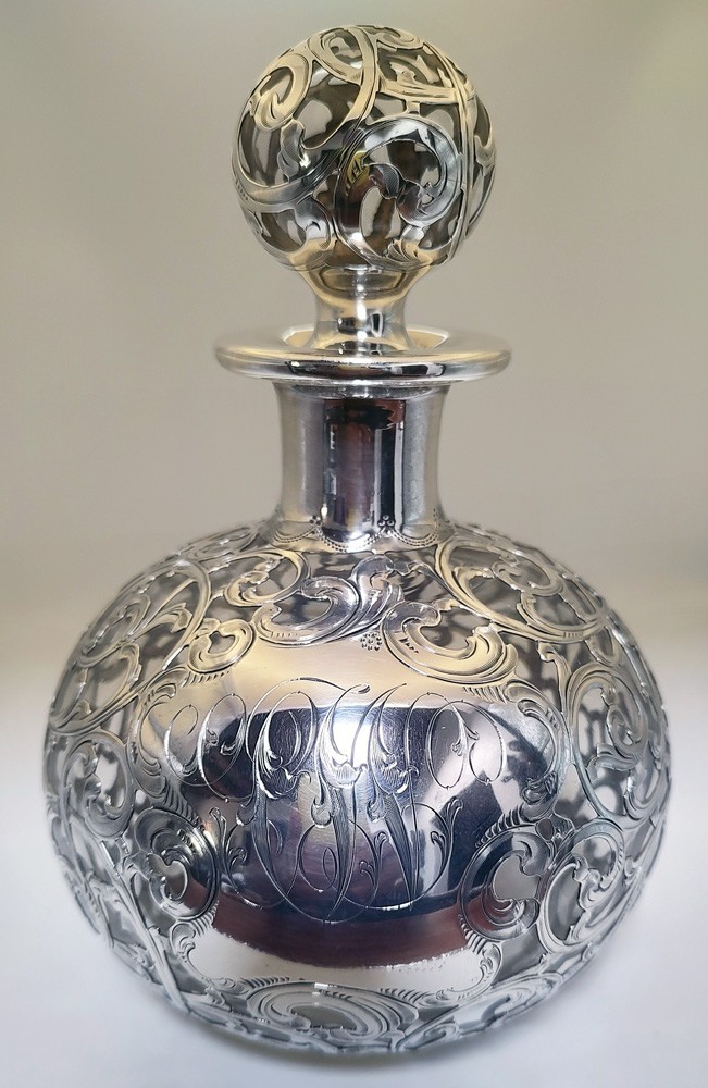 CLEAR SILVER OVERLAY CLARET / BOTTLE / PERFUME, MAKER: ALVIN, 8"