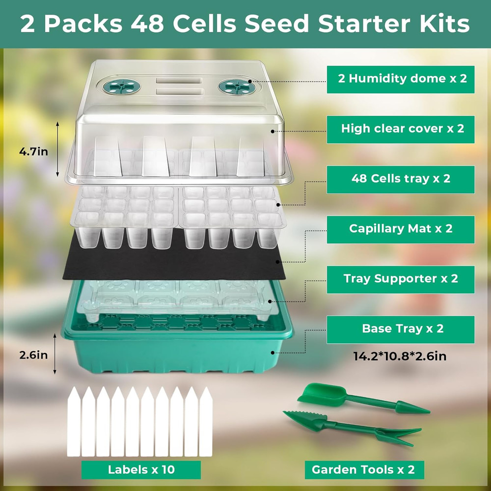 Seed Starter Tray Kits, 2 Packs, 96 Cells with Humidity Vented Domes