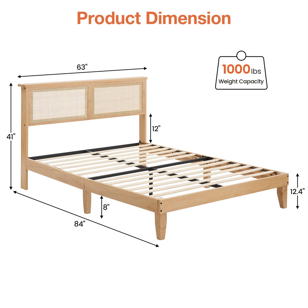 Rattan Queen Platform Bed Frame with Rattan Headboard and Led Light Slat Support