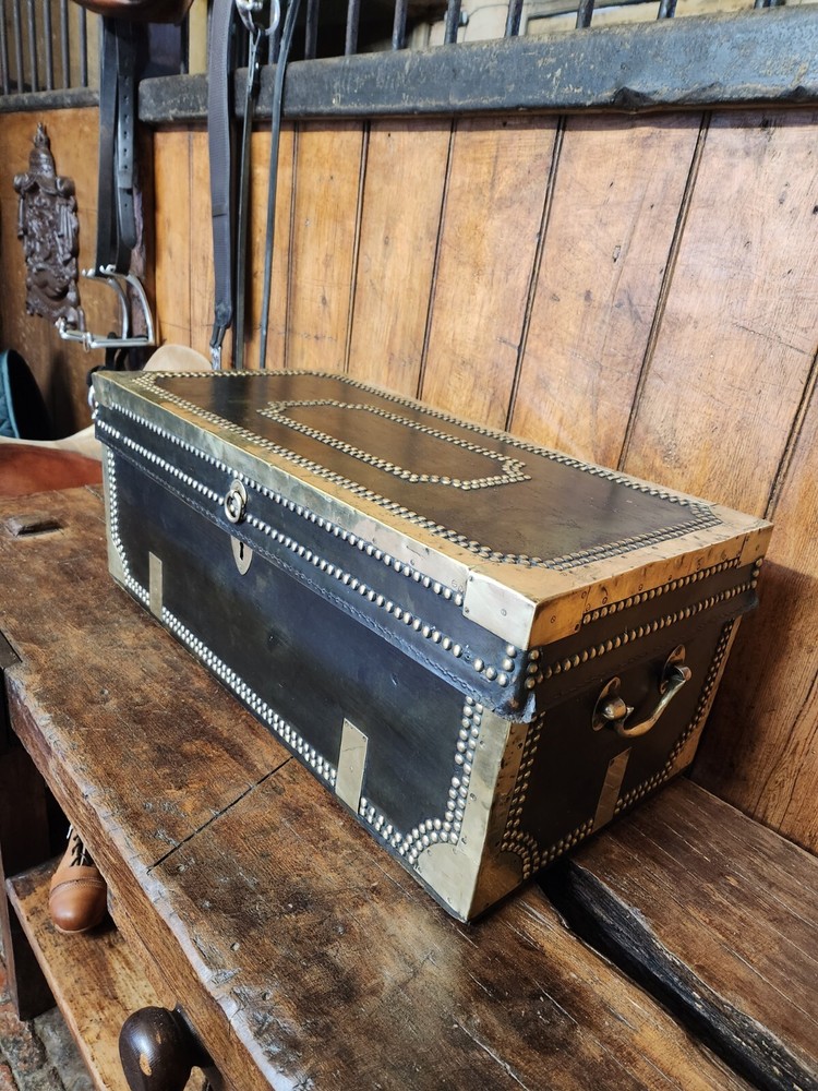 Antique Black Brass Rivetted Wooden Solid Trunk.