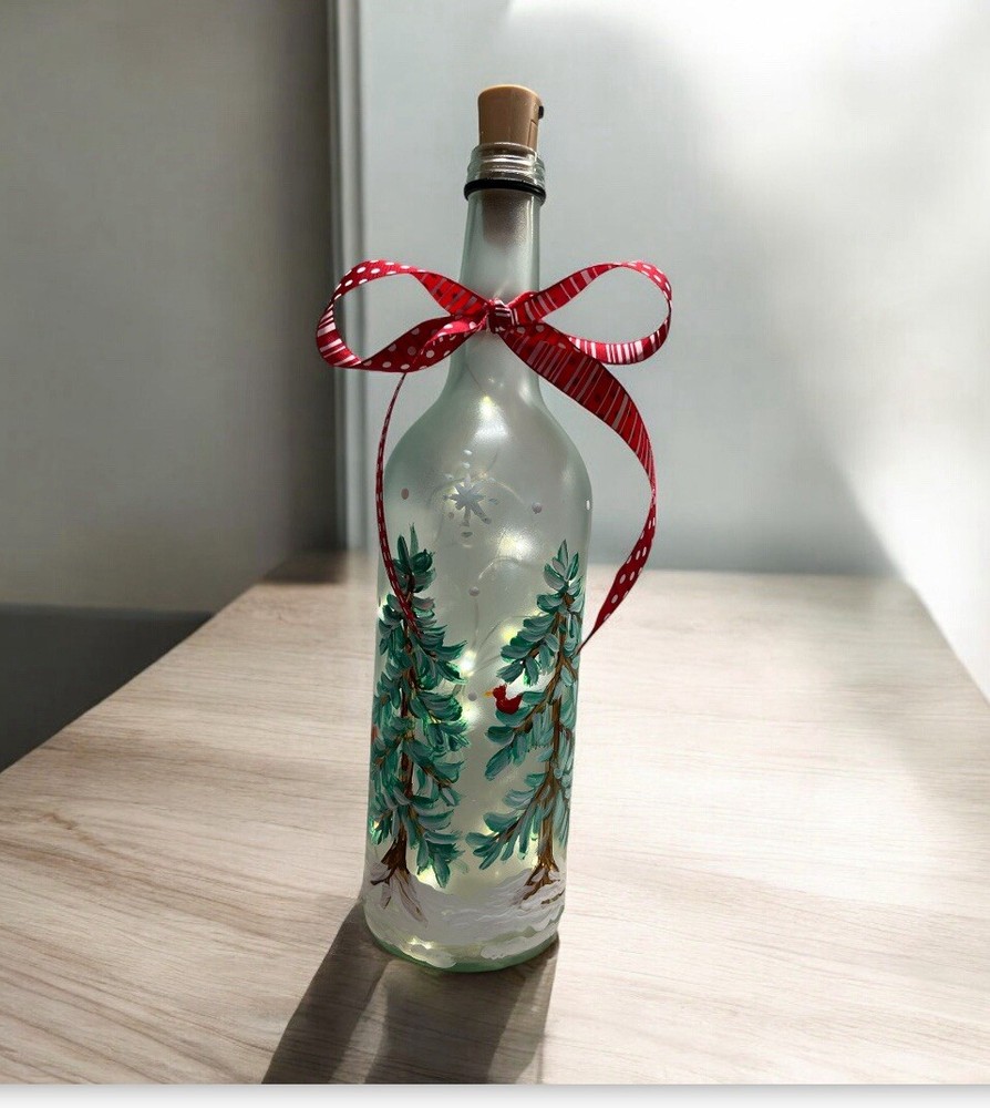 Winter Scene Handpainted On A Lighted Wine Bottle
