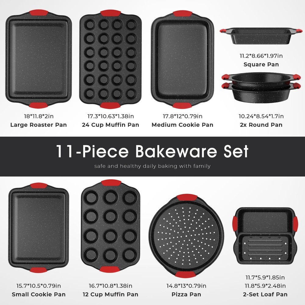 11-Piece Nonstick Baking Pan Set, Stackable,with Silicone Handles, Red and Black