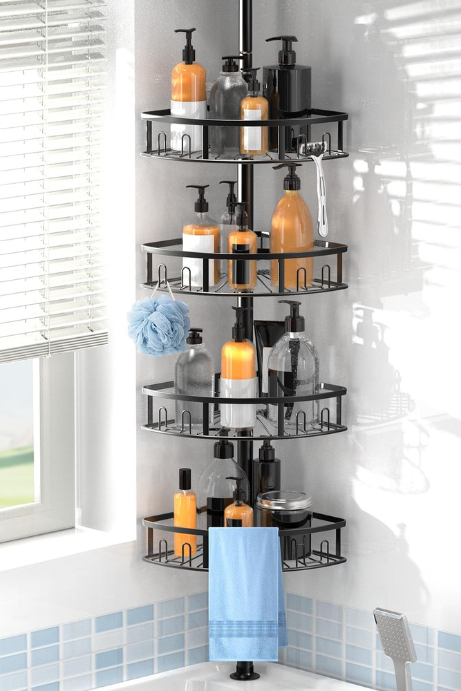 Rustproof 4-Tier Corner Shower Caddy with Adjustable Tension Pole - Black