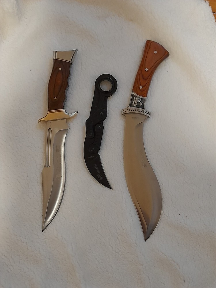 3 Knife Gift Set Kukri Bowie Fixed Blade + Folding Karambit Camping