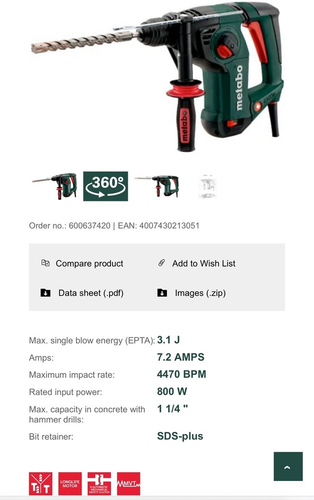 Metabo KHE 3250 SDS Plus Rotary Hammer Drill