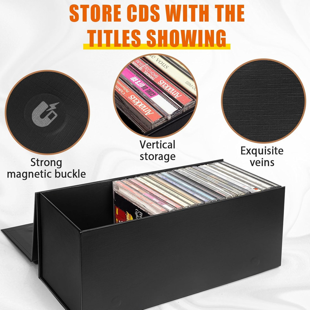 CD Storage Box DVD Organizer 1 Pack Holds 30 Discs Black Magnetic Lid