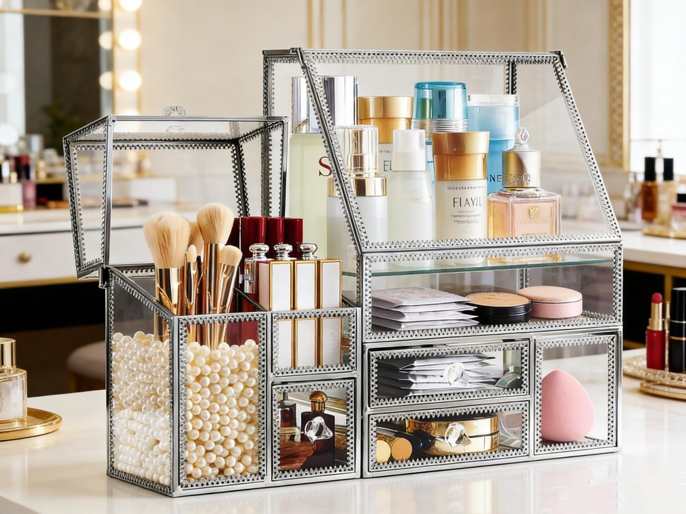 Hersoo Glass Makeup Organizer for Vanity/Stackable 2Pieces Drawer S... Fast Ship