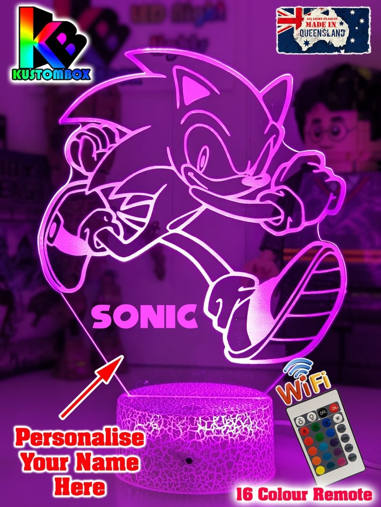 SONIC HEDGEHOG PERSONALISED NAME USB LED NIGHT LIGHT 7 COLOUR REMOTE CONTROL