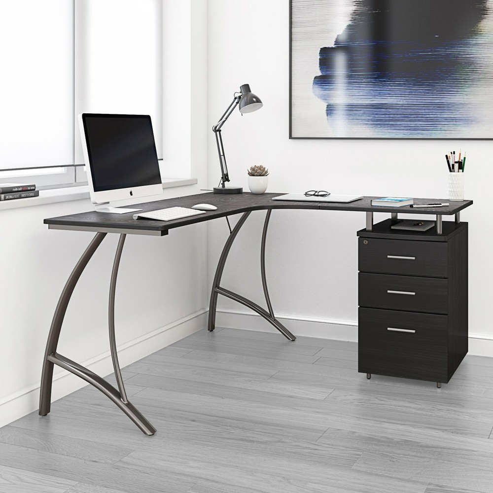 Techni Mobili Modern L Shaped Computer Desk Workstation with Cabinet and Drawers