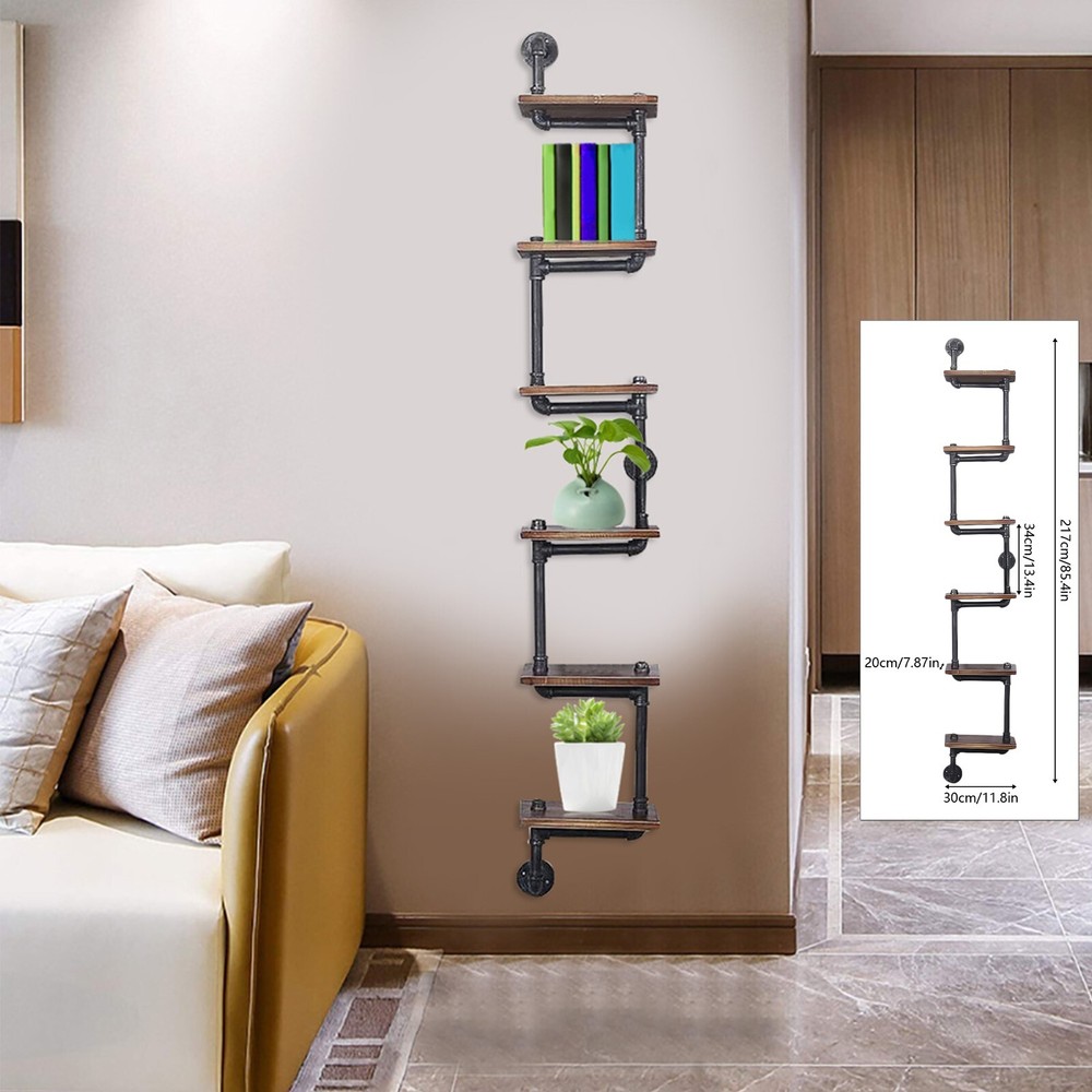 6Tier Shelf Industrial Bracket Rustic Iron Pipe Wall-Mounted Floating Rack Shelf