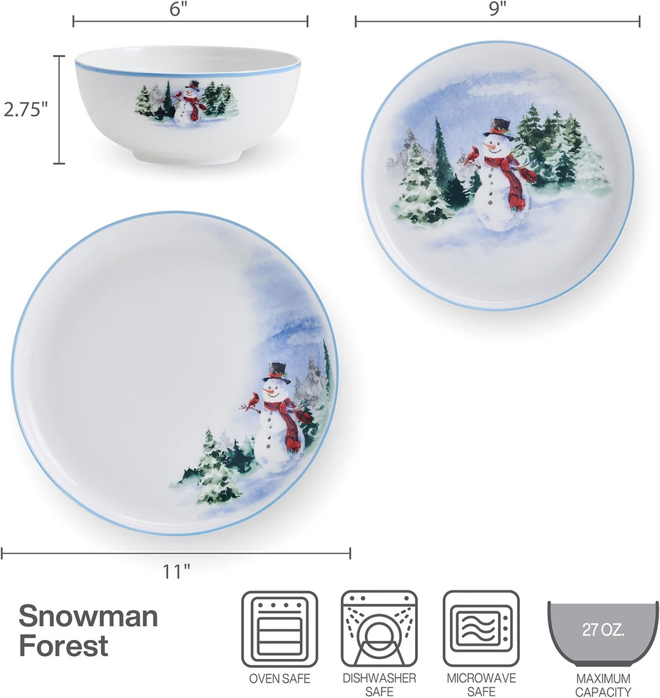 Snowman Forest Chip Resistant 12 Piece Dinnerware Set, Service for 4