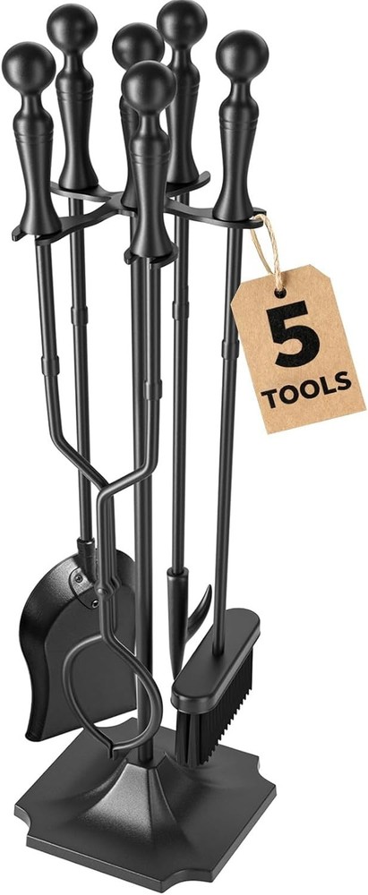 5 Pcs Fireplace Tools Set 31 Inch Indoor Black Handle Wrought Iron Large Fire...