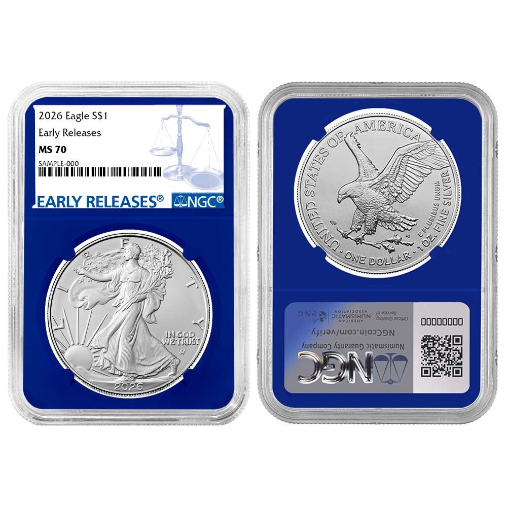 2026 $1 American Silver Eagle NGC MS70 ER Blue Label Blue Core