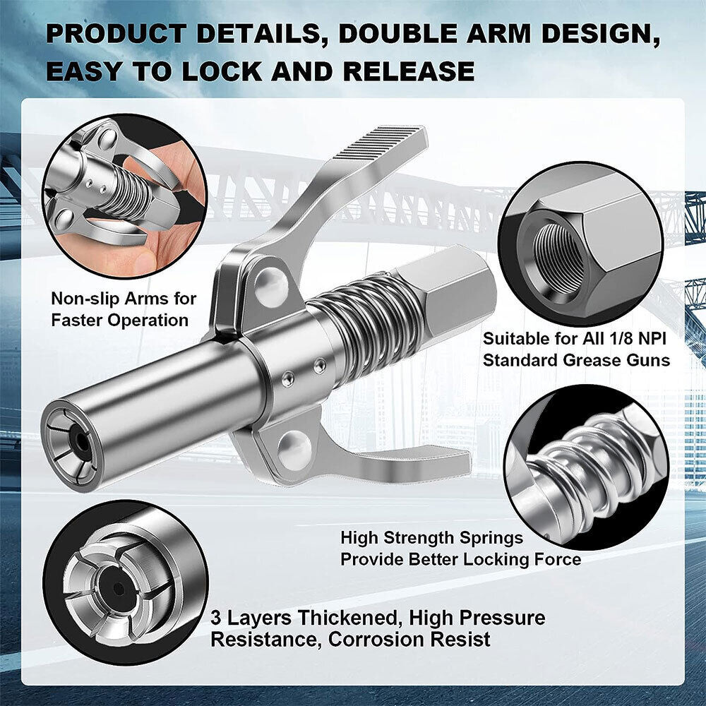 Grease Gun Coupler High Pressure Quielck Rease Lock Nozzles w/Hose For 1/8"NPT