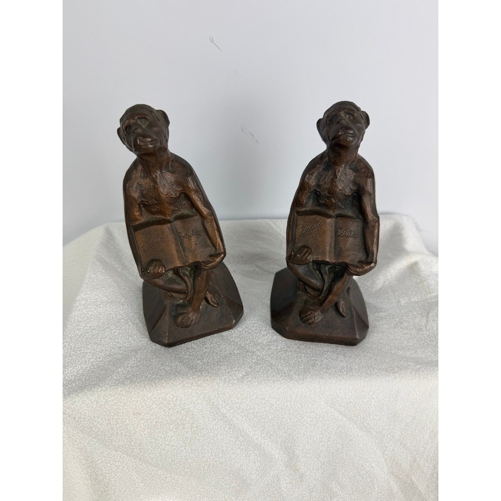 Antique Chicago Hardware Foundry Co Cast Iron Monkey Reading Bookends Pair