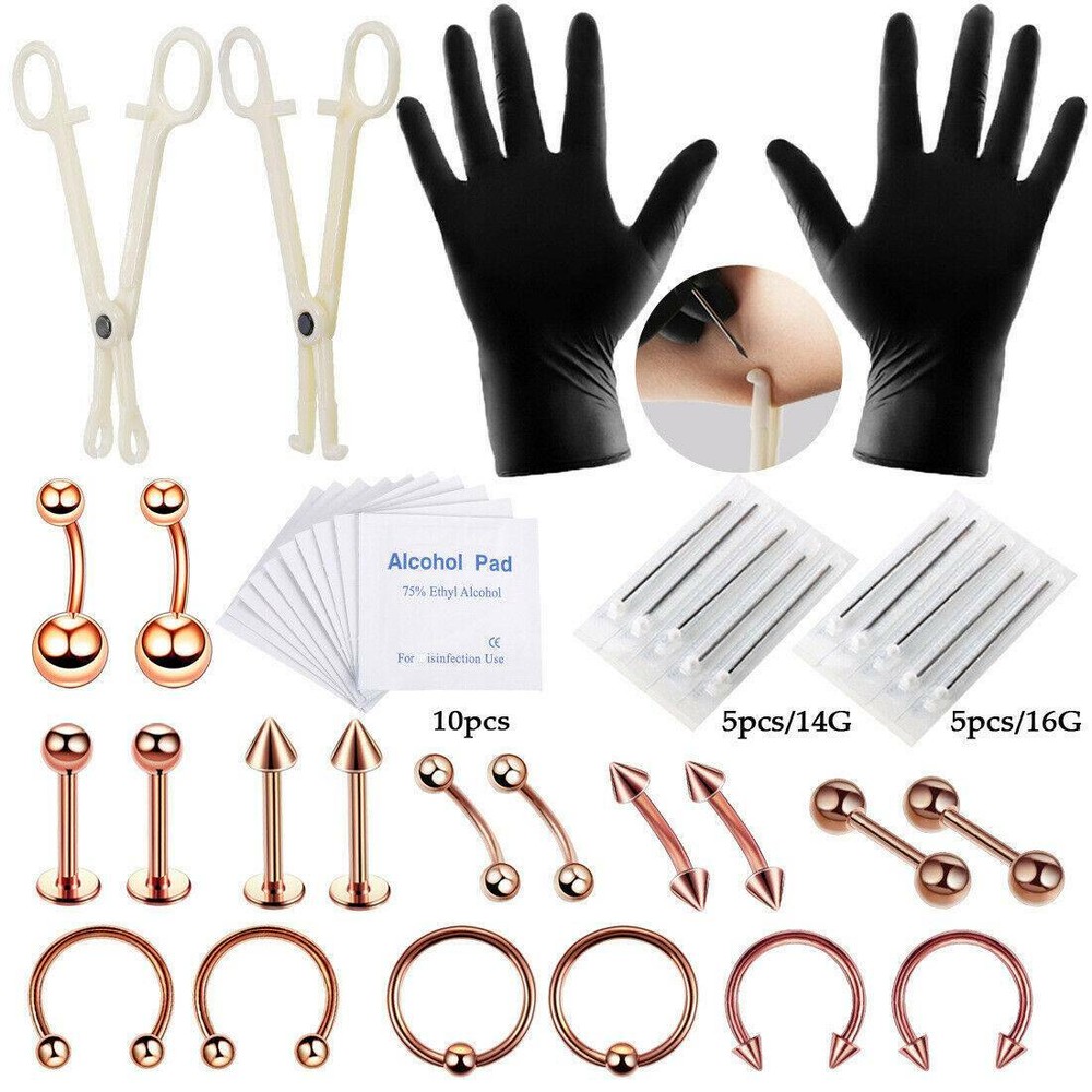 Lots Body Piercing Tool Kit Include Ear Lip Nose Belly Ring Forceps Clamp Needle