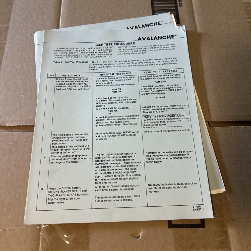 Original Factory Avalanche Self Test Atari Arcade Game Manual