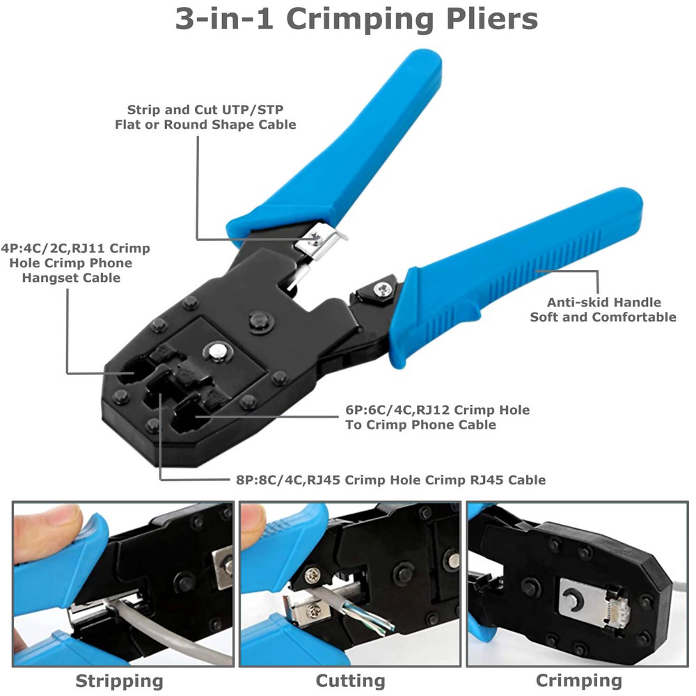 RJ45 Network Tester + 3-in-1 Cable Crimper + Stripper CAT5e/CAT6 Tool Kit