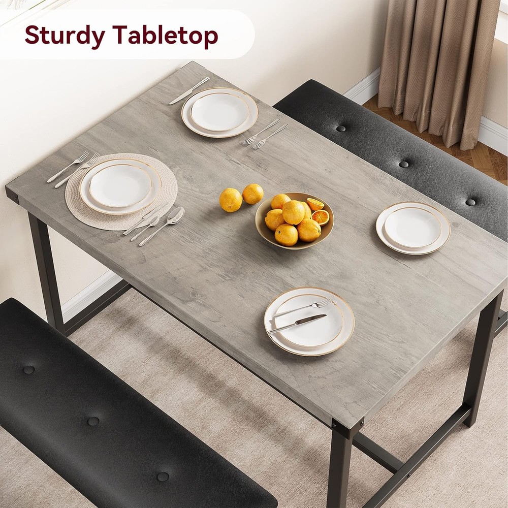 Black Dining Set Kitchen Room Table Set Dining Table and 2 Leather Benches Grey