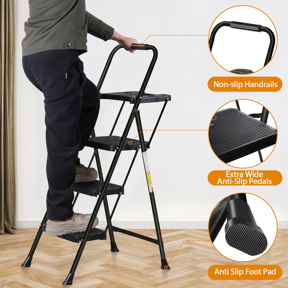 Step Ladder 3-Step Ladder with Tool Platform Folding Ladder Lightweight Black