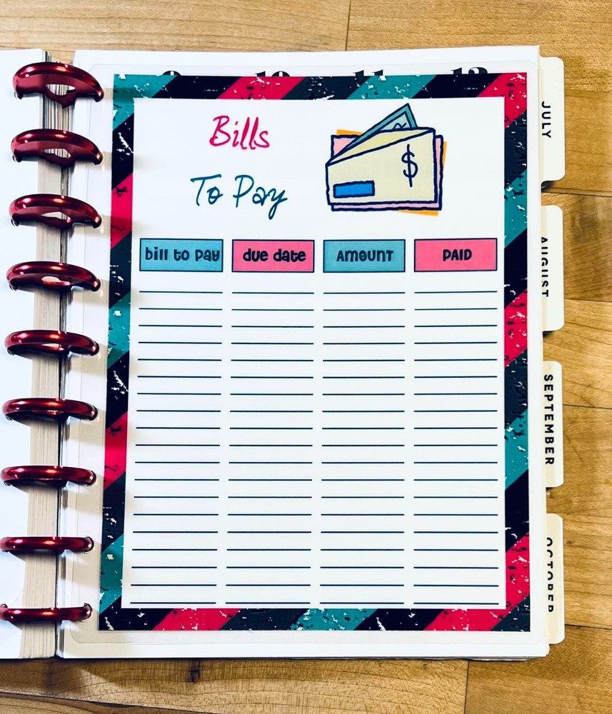 Bills to Pay Dashboard Insert for use with Classic HAPPY Planner~