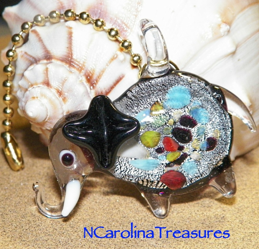 ELEPHANT BLACK SILVER FOIL ART GLASS MULTICOLOR CEILING FAN SWITCH PULL LG PAIR