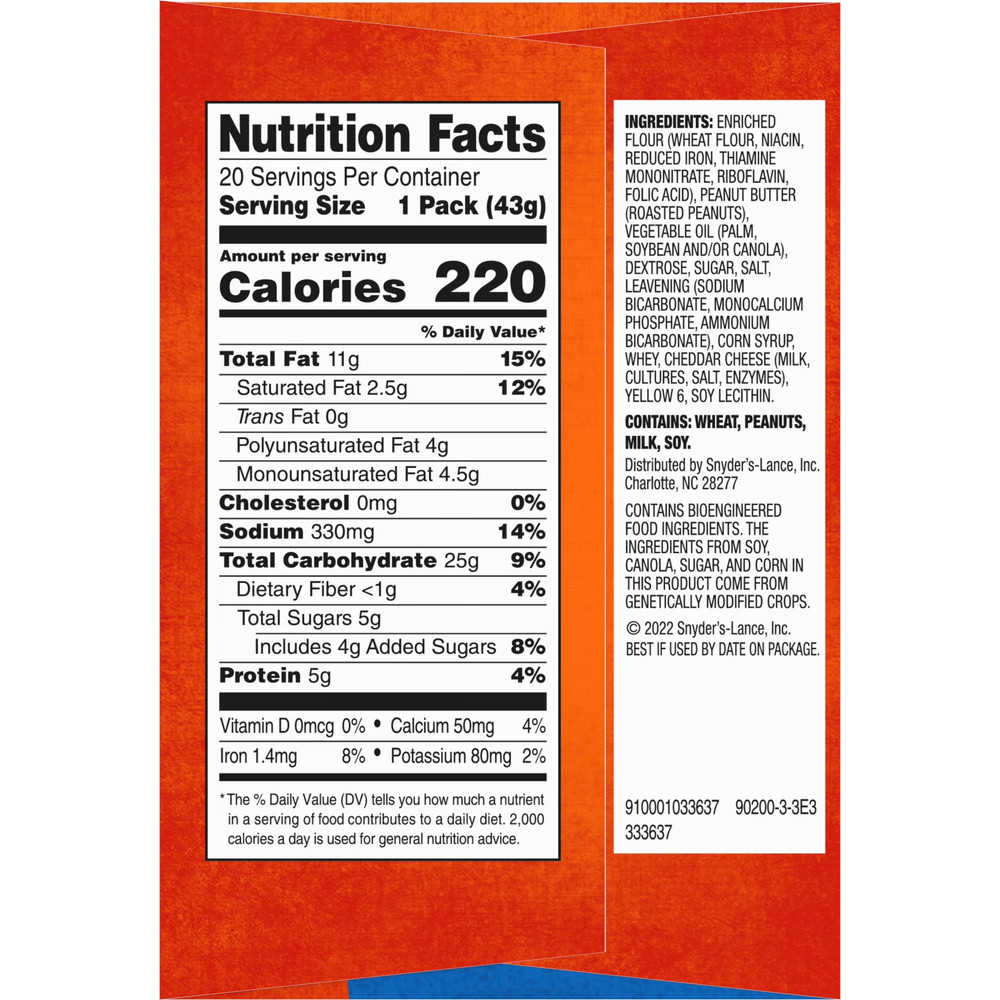 (3PACK)Lance Sandwich Crackers, ToastChee Peanut Butter, 20 Individually Wrapped