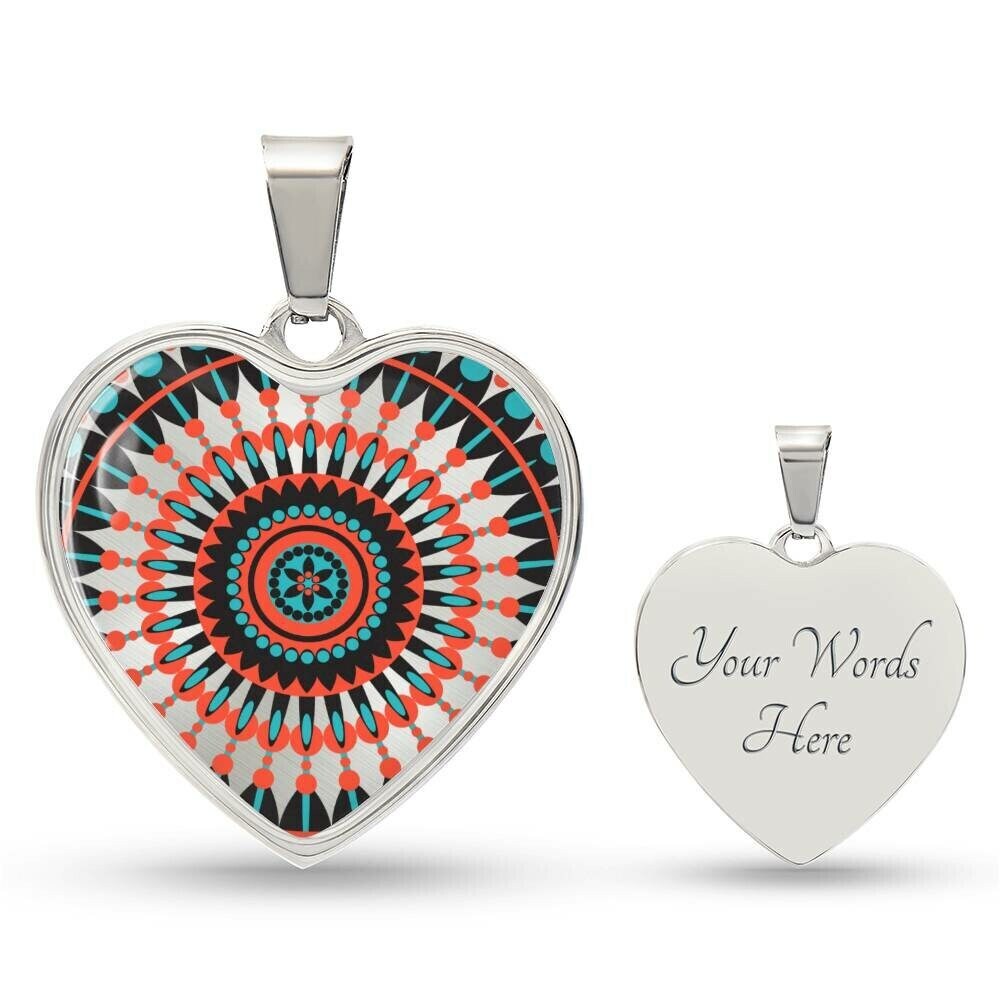 Graphic Heart Pendant + Necklace - Geometric Pattern Mandala
