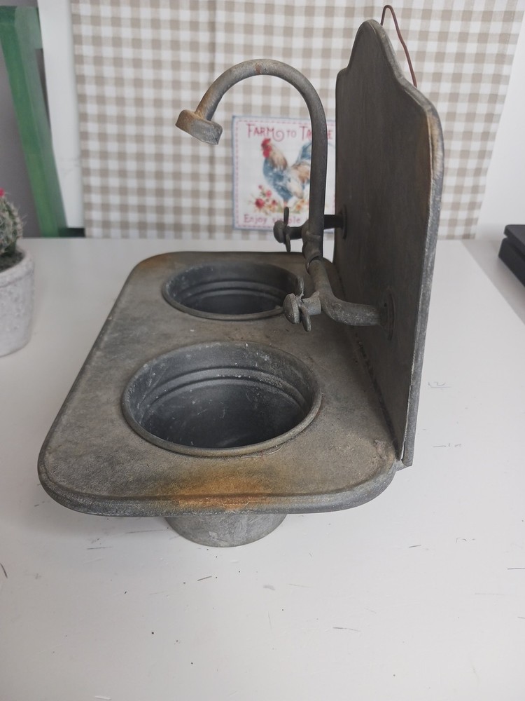 Authentic vintage galvanized steel double basin wall sink with original...