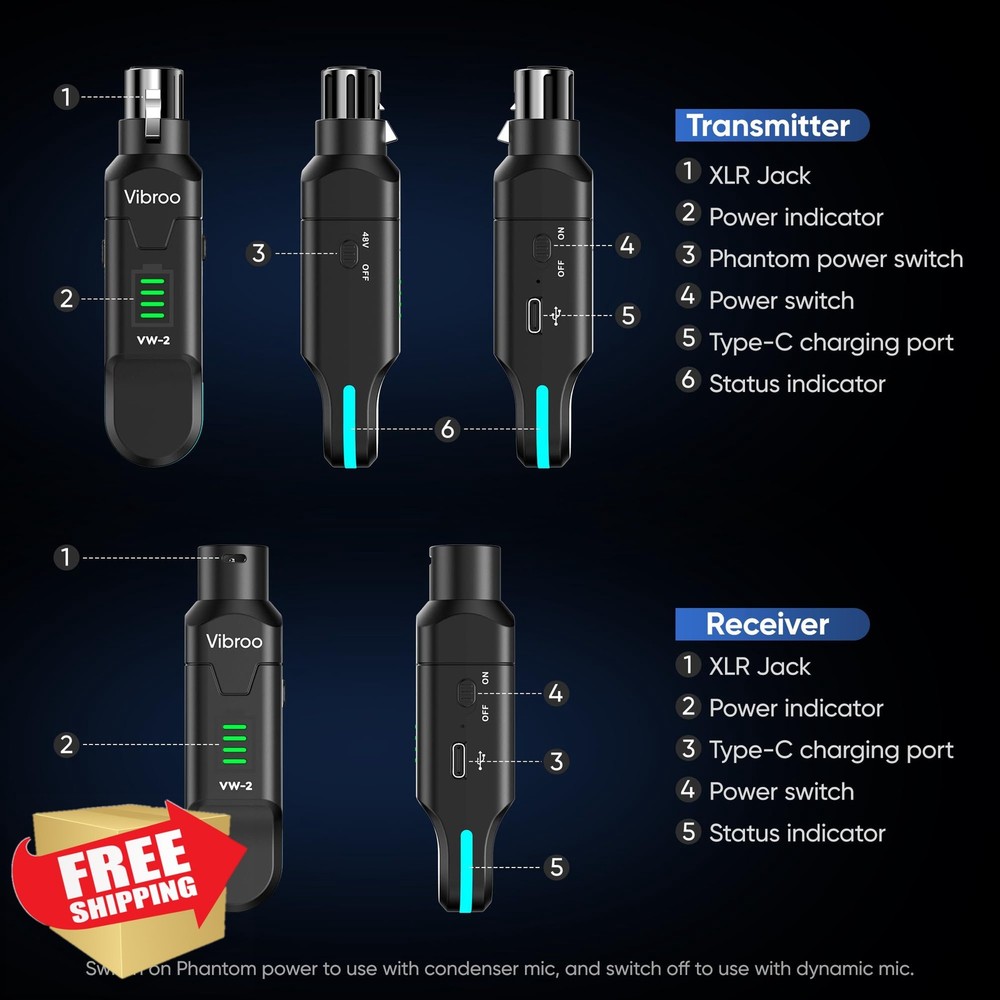 Vibroo Wireless XLR Mic System, 2.4GHz, 100ft Range