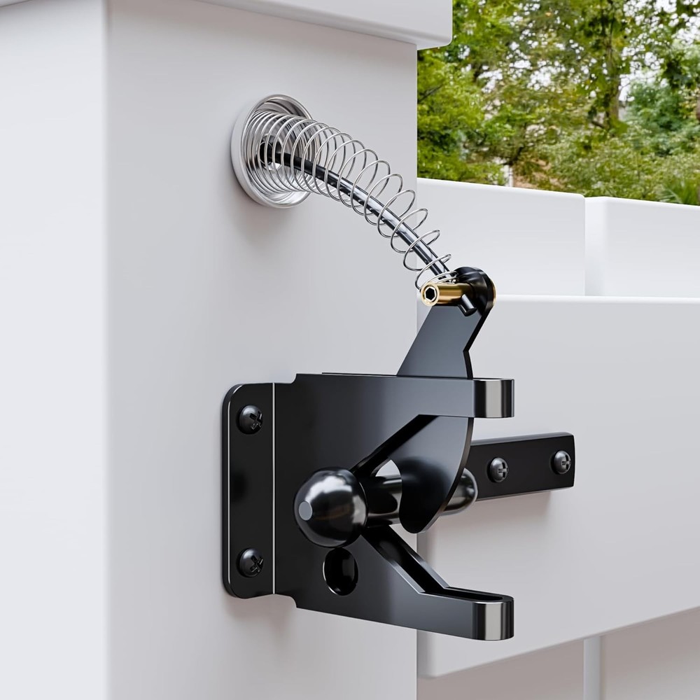 Gate Latch with Spring Cable Pull for Fence Gate - Carbon Steel - Black, Self Lo