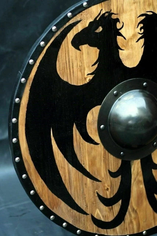 Wooden Shield 24" Solid Wood & Leather Viking Shield Battle Ready Dragon Shield