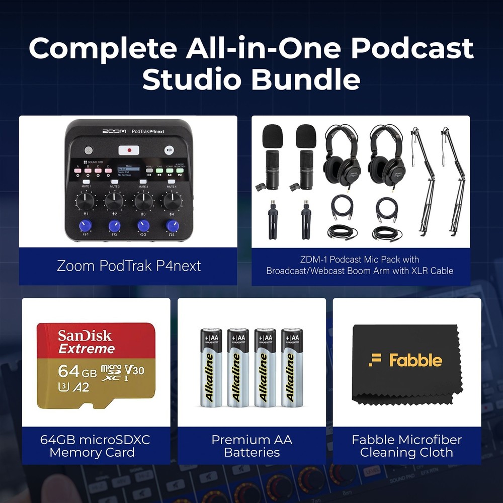 Zoom PodTrak P4next Portable Multitrack Podcast Recorder Bundle