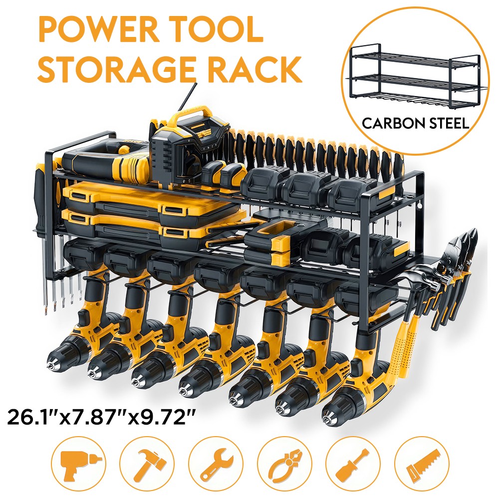 3 Layers Wall-Mounted Power Tool Organizer Storage Rack w/ 7 Drill Holders Shelf