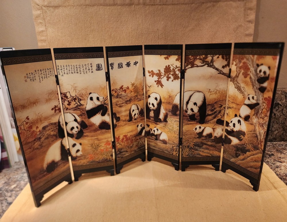 MINI Chinese Panda Folding 6 Panel Lacquer Screen Divider In Box Pls Read
