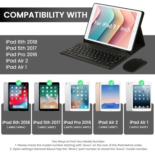 Bluetooth Keyboard Case with Mouse for iPad 6th/5th 9.7 inch+Mouse Black