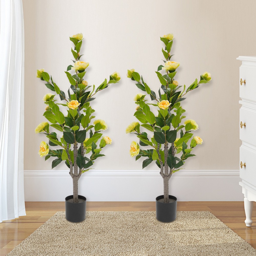 2 Pack Artificial Tea Rose Tree for Modern Home, Simulated Tea Rose Tree