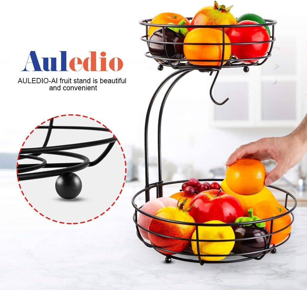 Iron 2-Tier Countertop Fruit and Vegetable Basket Storage Bowl with Banana Hooks