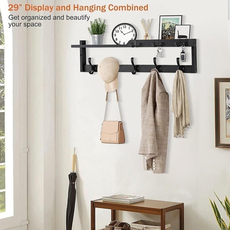 Wall Mounted Coat Rack W/ Shelf Key Hooks Mail Organizer Hat Rack Storage Black
