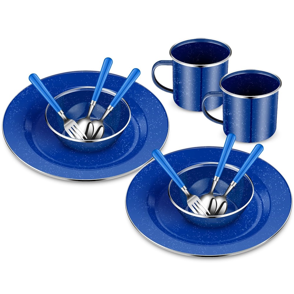 12 Pcs Enamel Camping Tableware Set Dinnerware Kit Includes 12 oz Coffee Mugs...