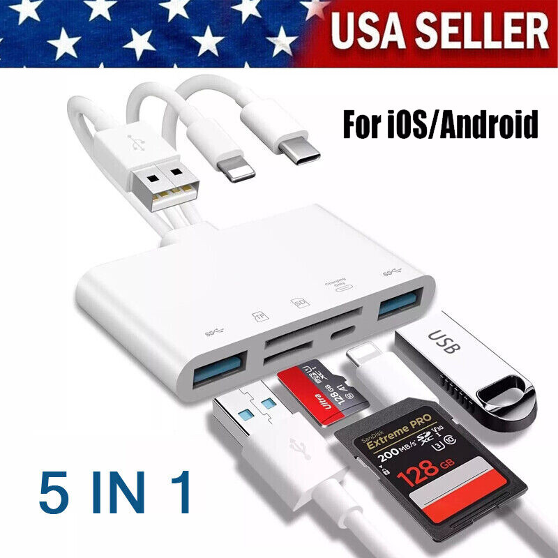 5-in-1 USB A+USB C To SD/TF Card Reader for iPhone/iPad/Android/PC/Tablet/Camera