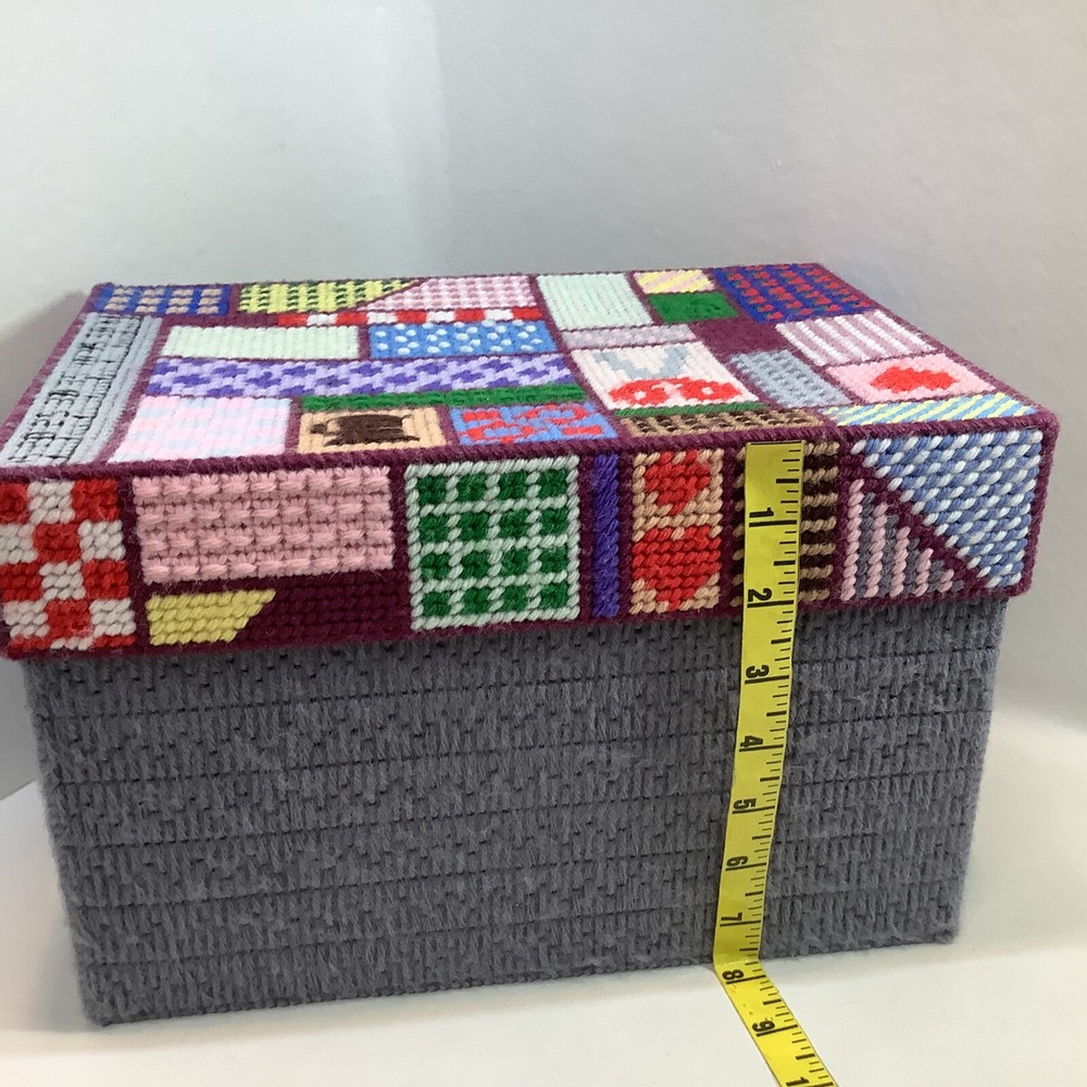Vintage Compleated Handmade Large Plastic Canvas Sewing Basket Patchwork Motief
