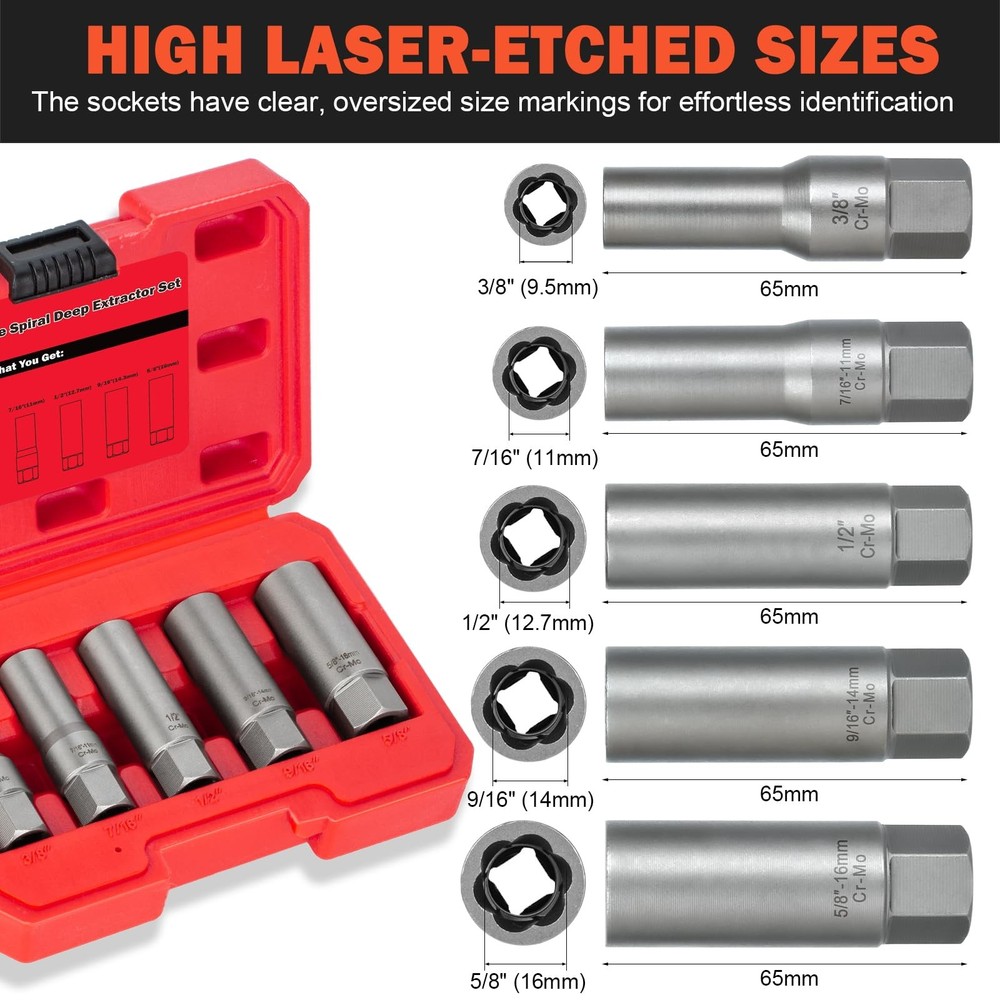 5PCS Deep Bolt Extractor Kit, Easy Out Spark Plug Socket Set, Ez...